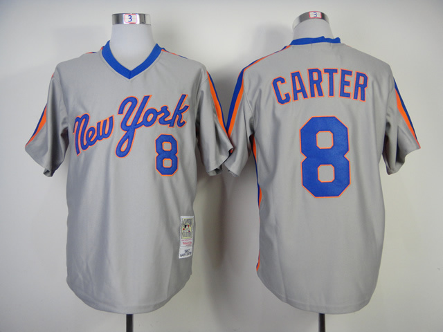 Men New York Mets 8 Carter Grey Throwback MLB Jerseys